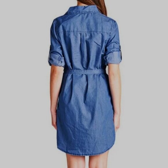 Vanilla Bay Chambray Denim 3/4 Sleeve Button Shirt Short Dress w/Scarf SZ LG EUC - Picture 11 of 11